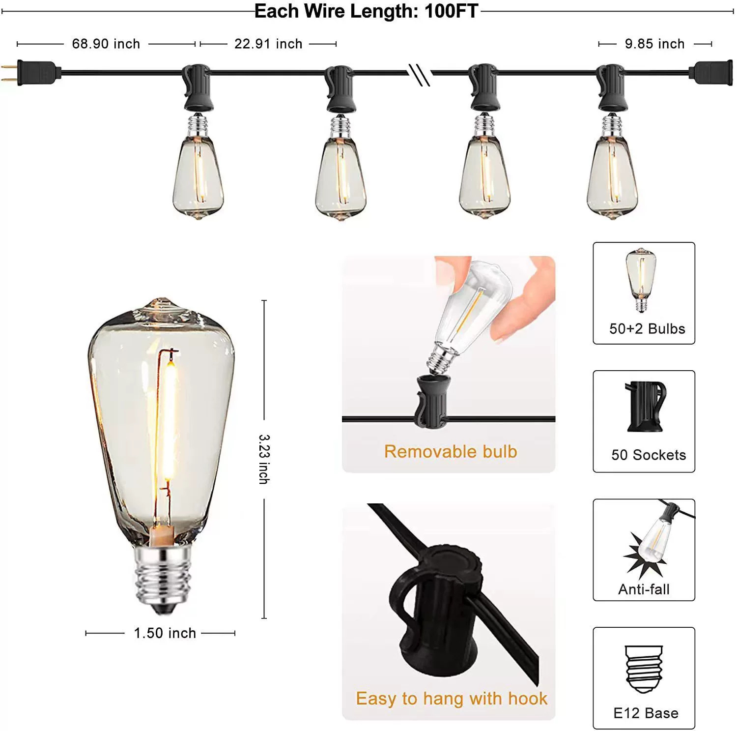 Amazon ST38 cadena de luces de alto voltaje al aire libre impermeable IP65 jardín boda camping cable de cobre puro cadena de luces al aire libre