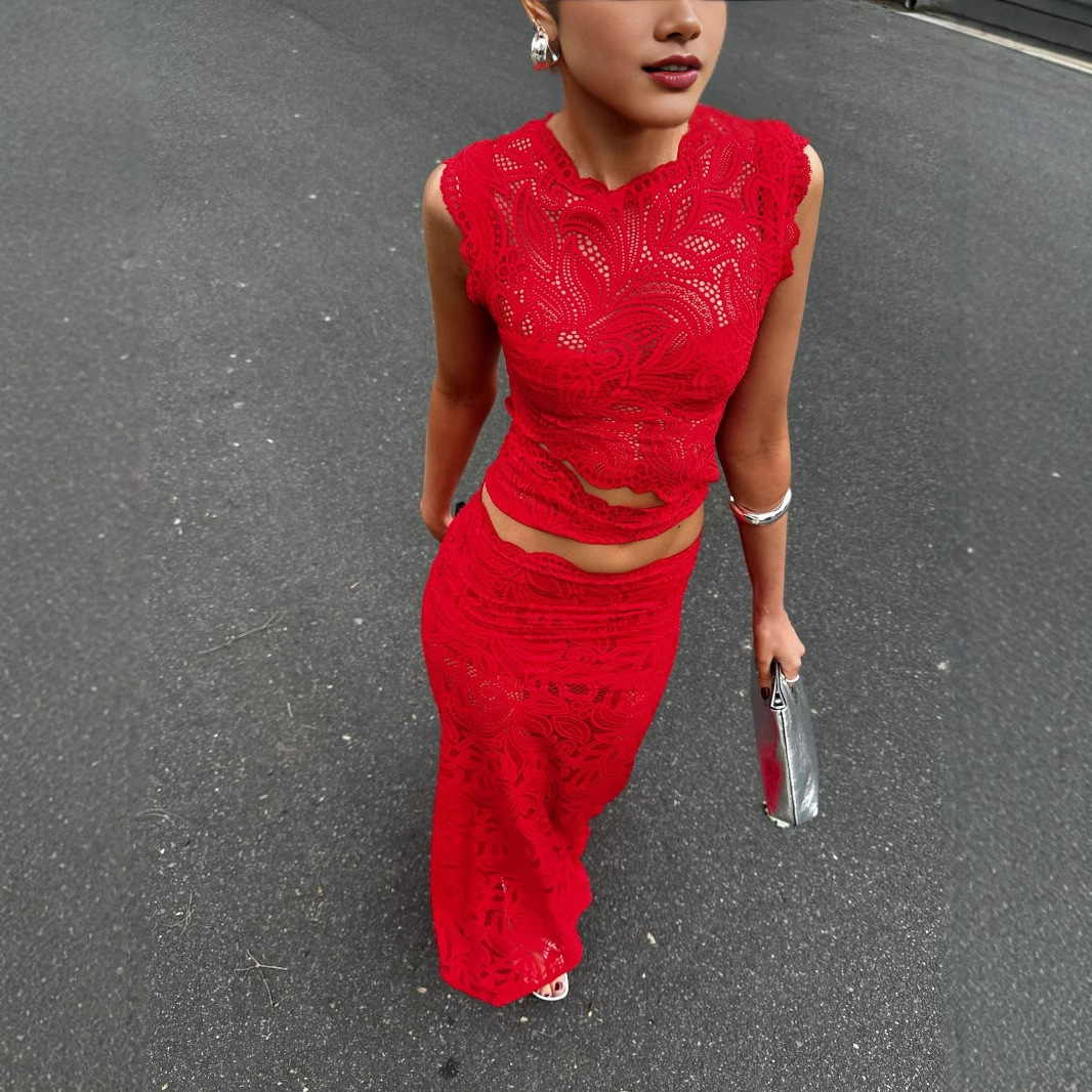 New Cross-Border Spot Hollow Irregular Sexy Dress Red Dress Fishtail Skirt Top Skirt Suit