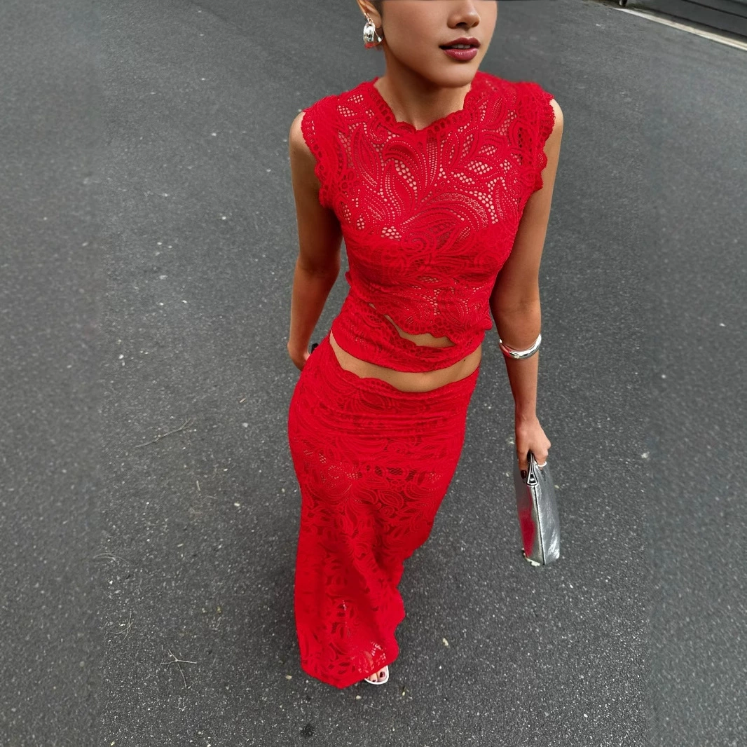 Новый трансграничный пятно вырезает нерегулярное сексуальное платье красное платье гусая юбка топ юбка костюм