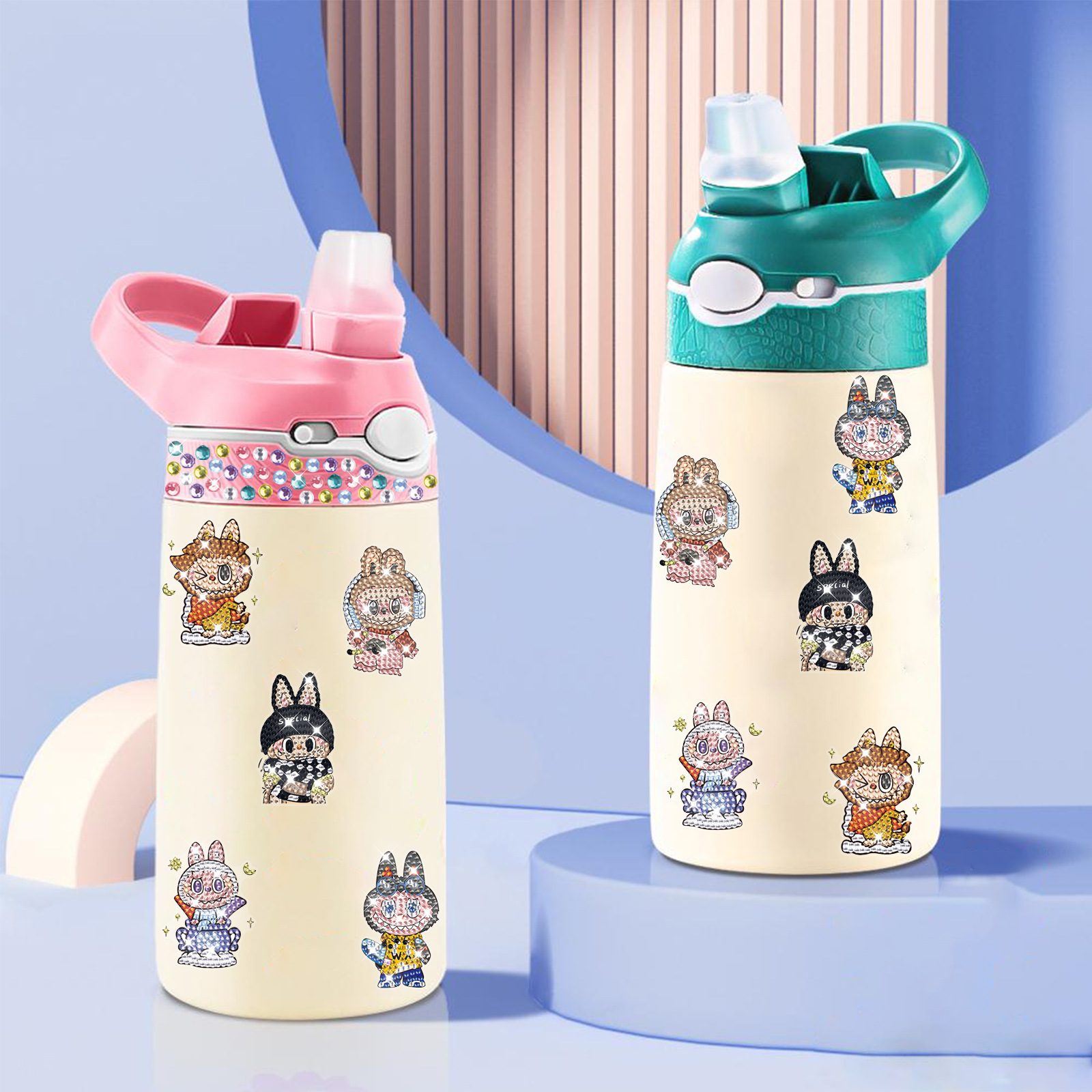Labubu nueva etiqueta de taza de agua de pintura de diamantes hecha a mano bricolaje decoración de dibujos animados para niños tela rabu pegatinas al azar al por mayor