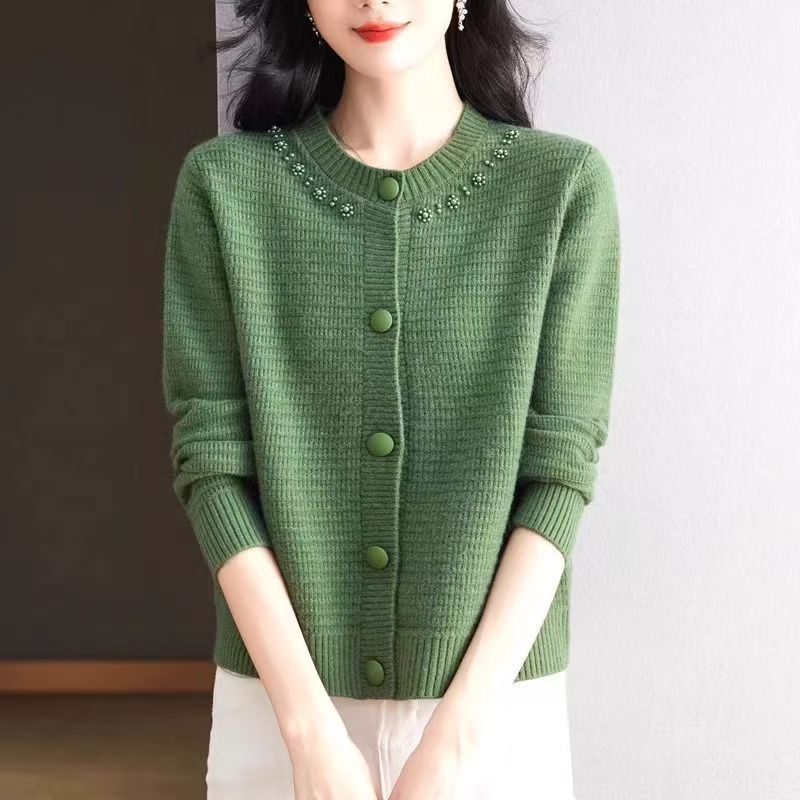 봄과 가을 새로운 스타일 라운드 넥 비즈 니트 카디건 여성 짧은 스웨터 재킷 느슨한 높은 허리 작은 니트 스웨터