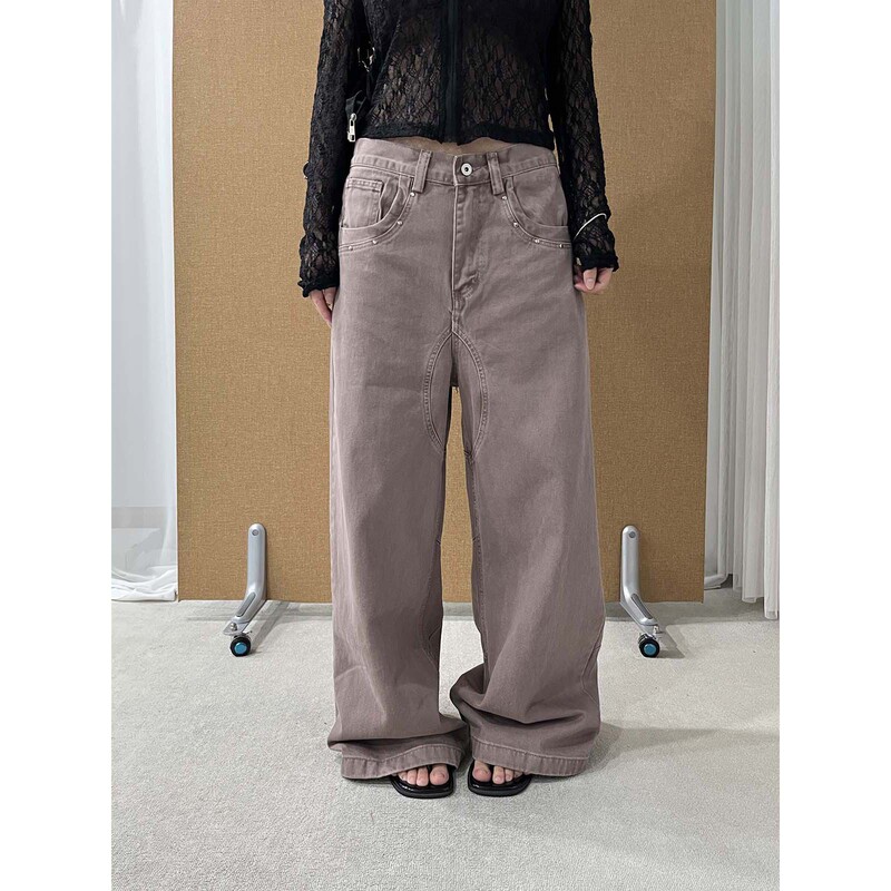 See 3L Three-Dimensional Cut Wide-Leg Loose Jeans Washed and Dyed Oatmeal Purple Studded Long Pants M3060