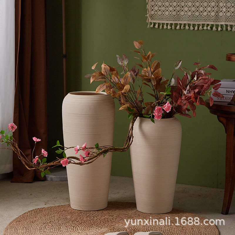 Gran jarrón de cerámica de suelo flor seca sala de estar decoración simple de cerámica rugosa silenciosa casa hotel mostrador decoración combinación