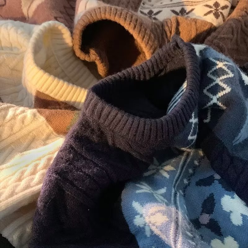 Layered men's winter trend, thickened lazy bottom knit with patchwork for warmth and loose fitting sweater jacket_voghion.com