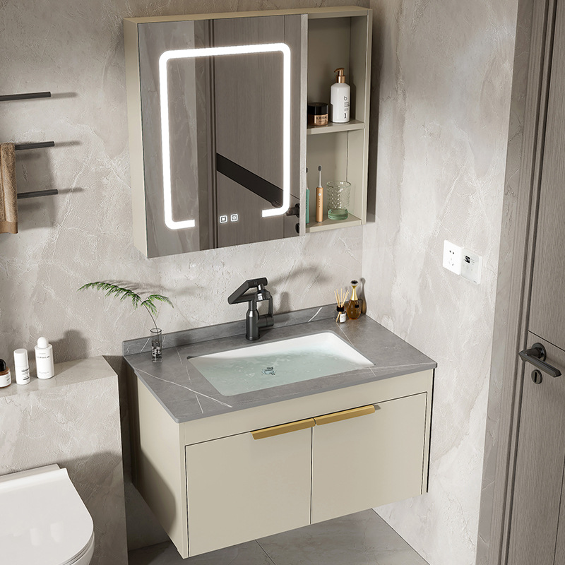 gabinete de baño de aluminio de roca espacial lavabo cerámico todo en uno lavabo lava