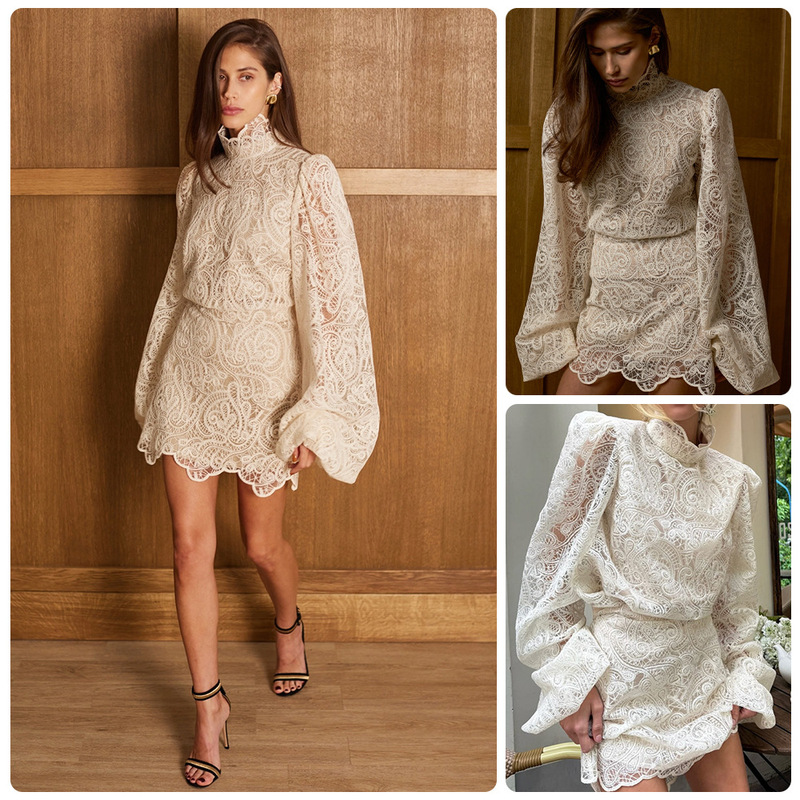 European and American 2026 Amazon Hollow-Out Floral Palace-Style High-Neck Sheer Lace Top + High-Waisted Short Skirt Two-Piece Set European and American 2026 Amazon Hollow-Out Floral Palace-Style High-Neck Sheer Lace Top + High-Waisted Short Skirt Two-Piece Set
