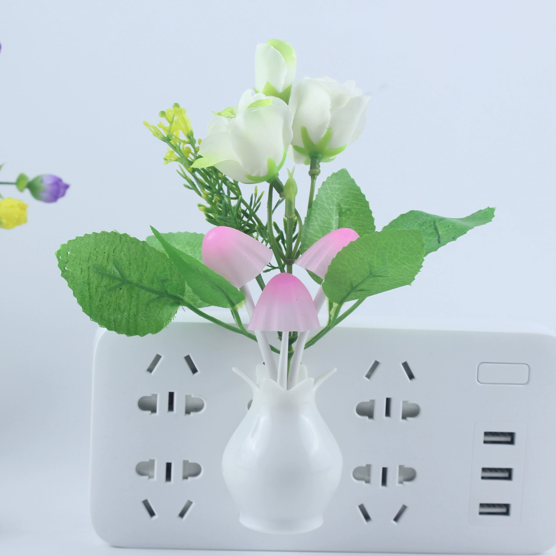Mushroom LED lamp, 4‑LED, light‑control sensor, colorful rose base, 0.5 W, EU/US options