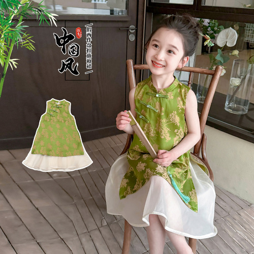 Green Chinese-style Pankou Cheongsam Dress 2024 Summer New Trendy Fashion Children's Dress for Girls Baby
