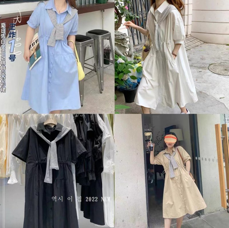 2022夏季新款！学院风 韩版ins时尚 抽绳设计感显瘦短袖连衣裙女