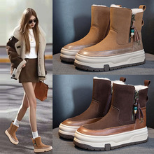 冬季加绒雪地靴女2025新款厚底真皮兔毛短靴防滑加厚保暖东北棉鞋
