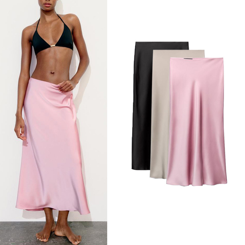 Summer new slim fit mid-length straight skirt high waist silk satin texture midi skirt