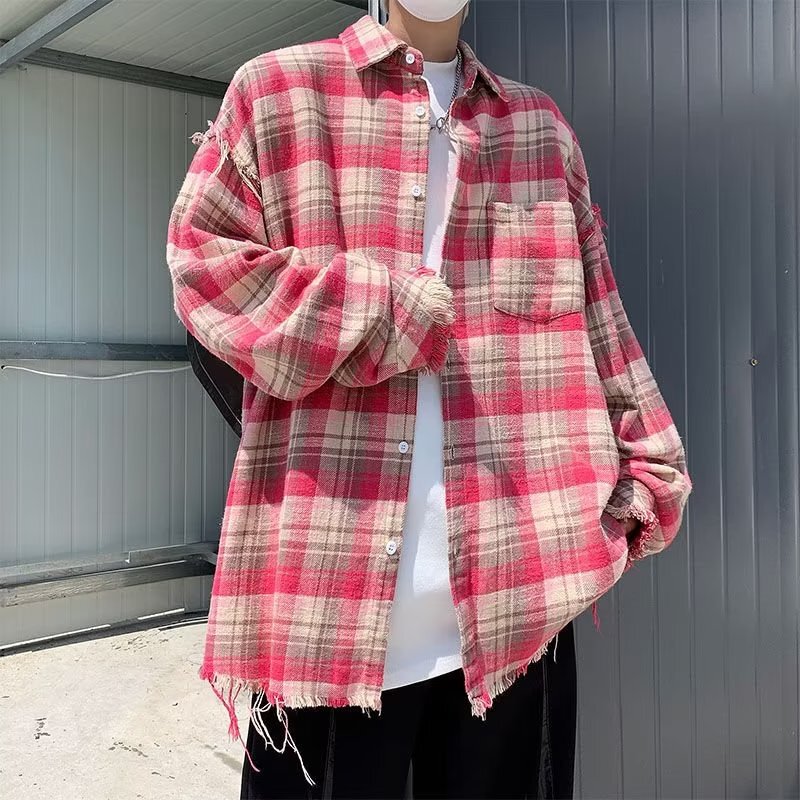Retro brushed plaid shirt new men's long sleeve autumn and winter couple loose tassel Burr design shirt coat Retro brushed plaid shirt new men's long sleeve autumn and winter couple loose tassel Burr design shirt coat