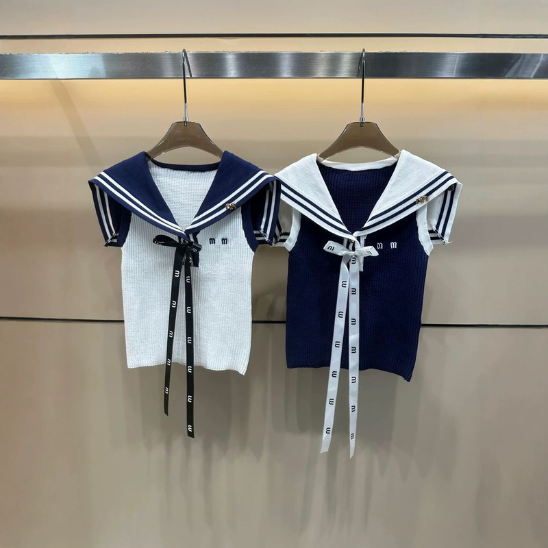 miu series 2026 summer new color-blocked navy-style woven strap sleeveless knitted vest, age-reducing, slim-fit, versatile top