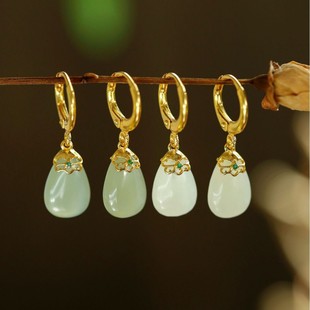 Natural Hetian sapphire earrings, ear buckles, women's silver jade earrings, retro exquisite water drop earrings, gift for girlfriend