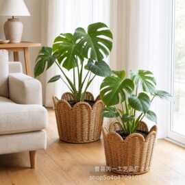 手工草编花盆套 藤编编织花盆篮 室内绿植装饰花筐 阳台盆栽收纳