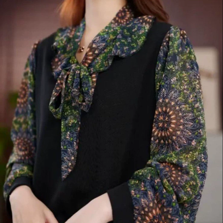 Женская шифоновая рубашка с цветочным принтом, новинка весны и лета 2025 года, популярный в этом году популярный стильный топ с бантом для похудения в западном стиле