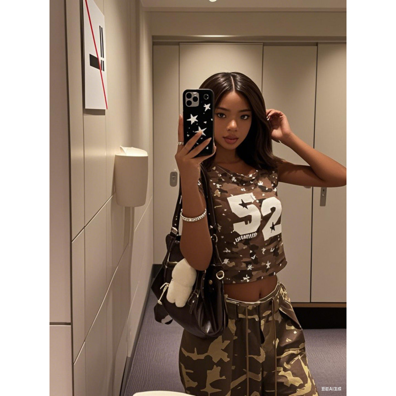アメリカンレトロホットガール迷彩ショートTシャツレディーススイートスパイシーカジュアルスリムフィット斜めショルダートップ