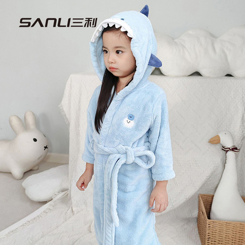 Three Lucky Children's Bath Robe Cartoon Sleepwear with Hood Coral Fleece Homecoming Dress for Boys and Girls