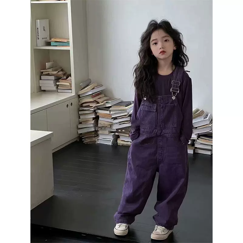 女童紫色背带裤子套装2025春秋款儿童时尚长袖衫牛仔阔腿裤两件套
