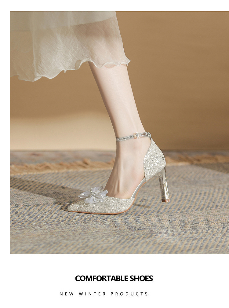 Giày sandal cao gót nữ quai ngang mũi nhọn gót nhọn CH8006-5 — Màu Sâm panh chi tiết 11