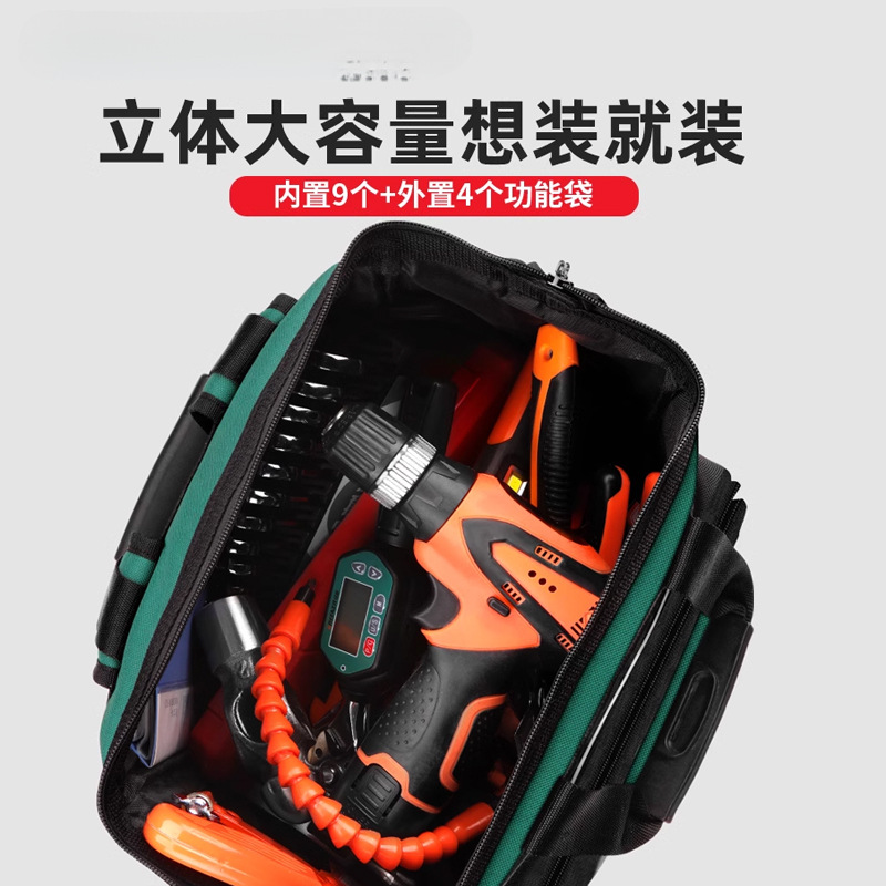 Herramientas de bosque verde mochila de mantenimiento de lona para hombres, instalación portátil duradera, paquete de herramientas de hombro especial multifuncional para electricistas