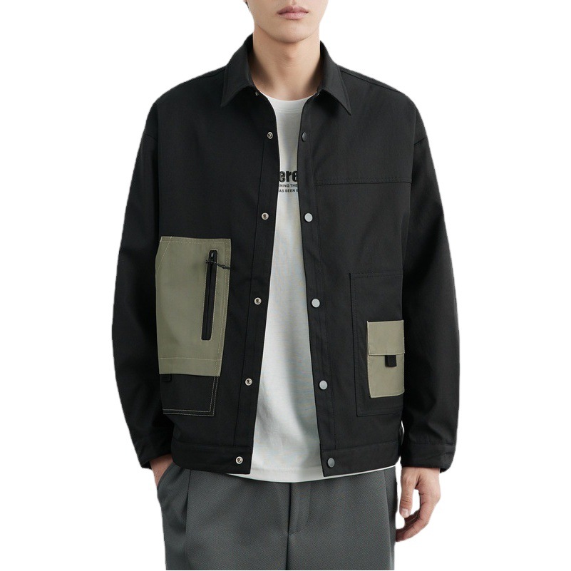 WOOG2005 chaqueta de solapa negra de los hombres 2024 primavera nueva moda costura herramientas chaqueta casual hombres