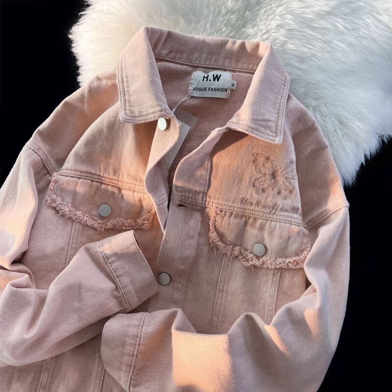 Vintage American Retro Pink Embroidered Butterfly Denim Jacket for Women Ins Trendy Brand Autumn Loose Couple Jacket