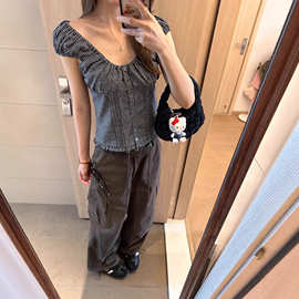 韩系方领格纹排扣短袖衬衫女夏季2025新款小众设计感短款衬衣上衣