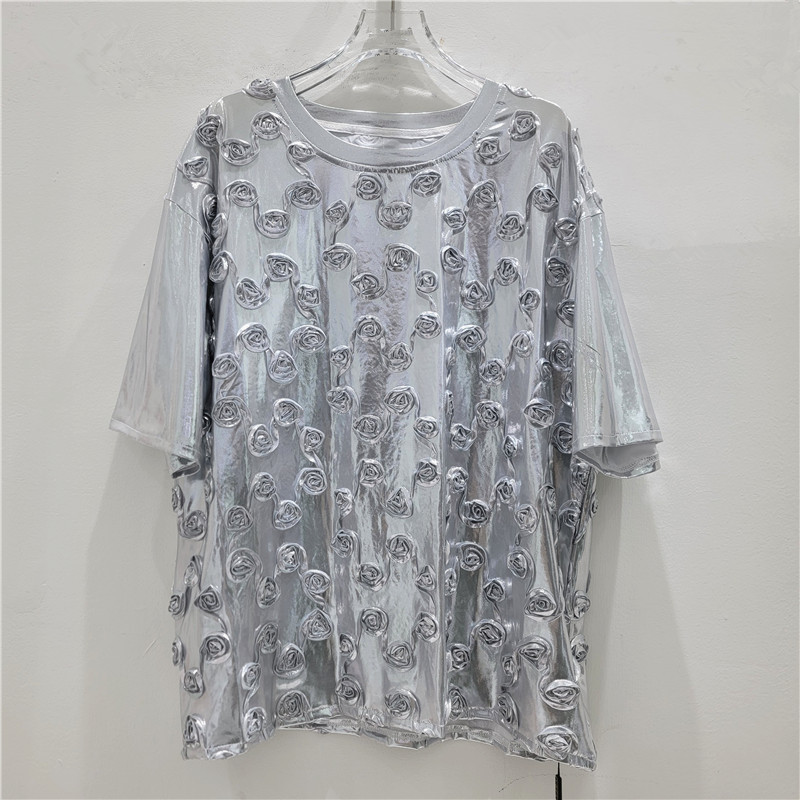 Ingeniería pesada europea y americana estampado estereo flor de cuello redondo camiseta de nicho diseño explosivo callejera camisa de manga corta