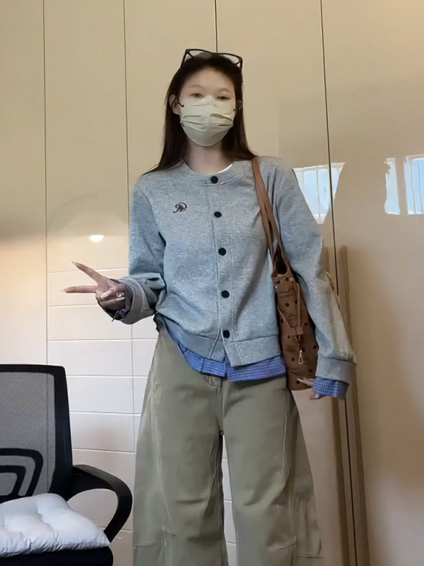 大码胖mm假两件格子开衫卫衣外套女秋装设计感休闲风长袖圆领上衣|undefined