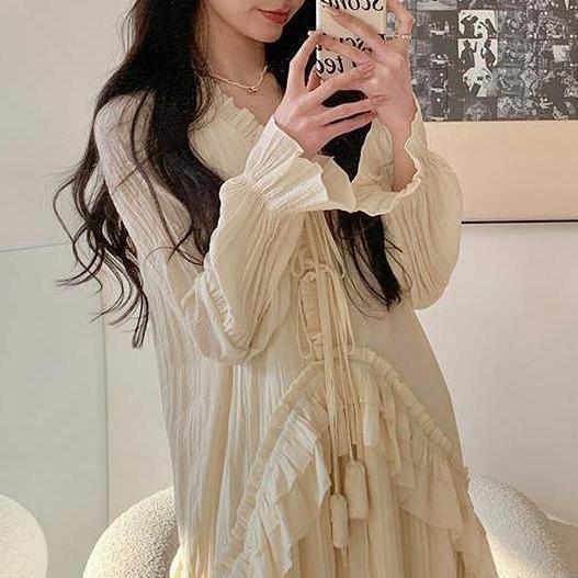 大码法式花朵气质连衣裙系带仙女设计长袖小众拼接长裙|undefined