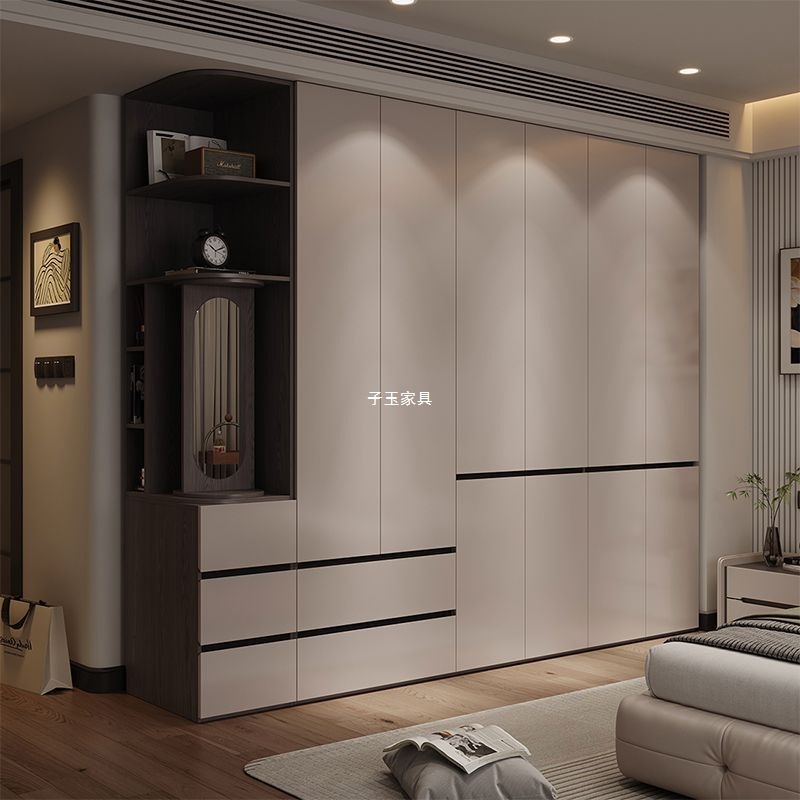 Foshan Furniture Wardrobe Home Bedroom Segmented Flat-Open Light Luxury Simple Gray Solid Wood Large Wardrobe 25 New Cabinets