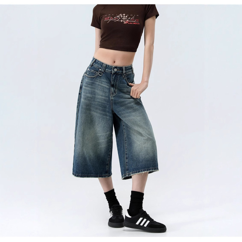 アメリカンレトロな女性の夏のハイストリートルーズシルエットウォッシュ加工オールドクロップドデニムショートパンツデザインワイドレッグミッドパンツ|undefined