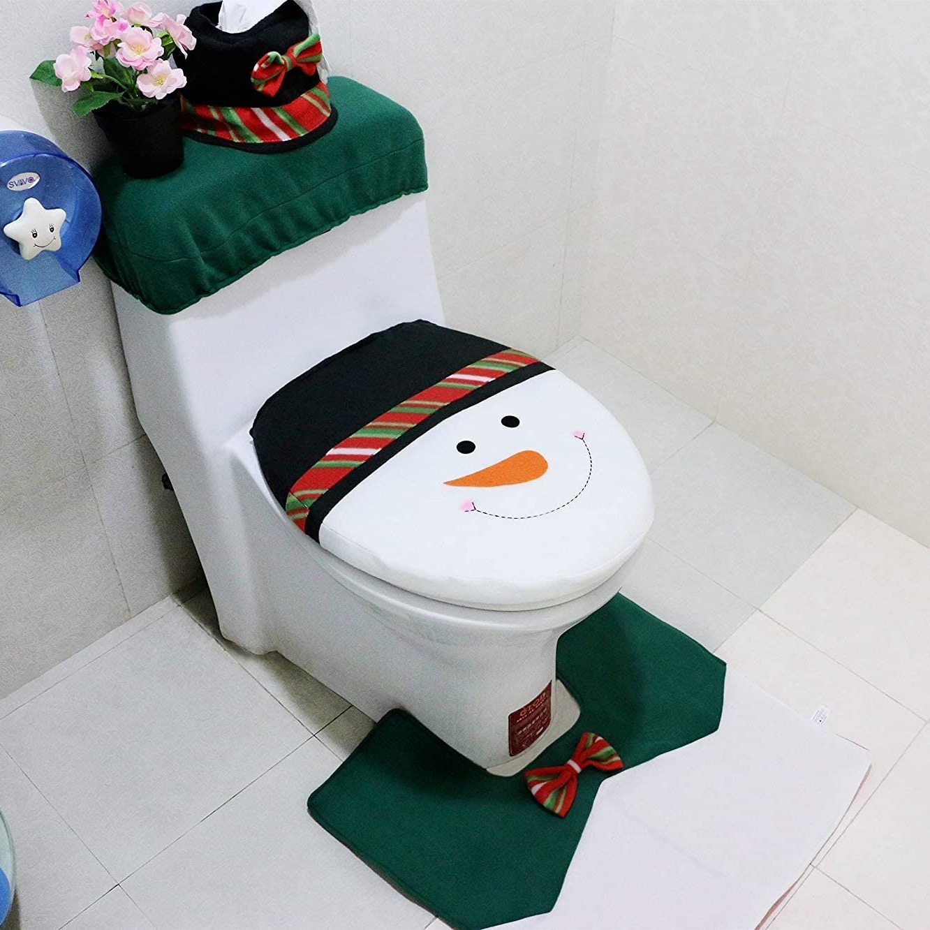 Cubierta de inodoro de Navidad caliente transfronteriza ancianos muñeco de nieve cubierta del inodoro estera del piso cubierta del tanque de agua cubierta del tejido conjunto de tres piezas
