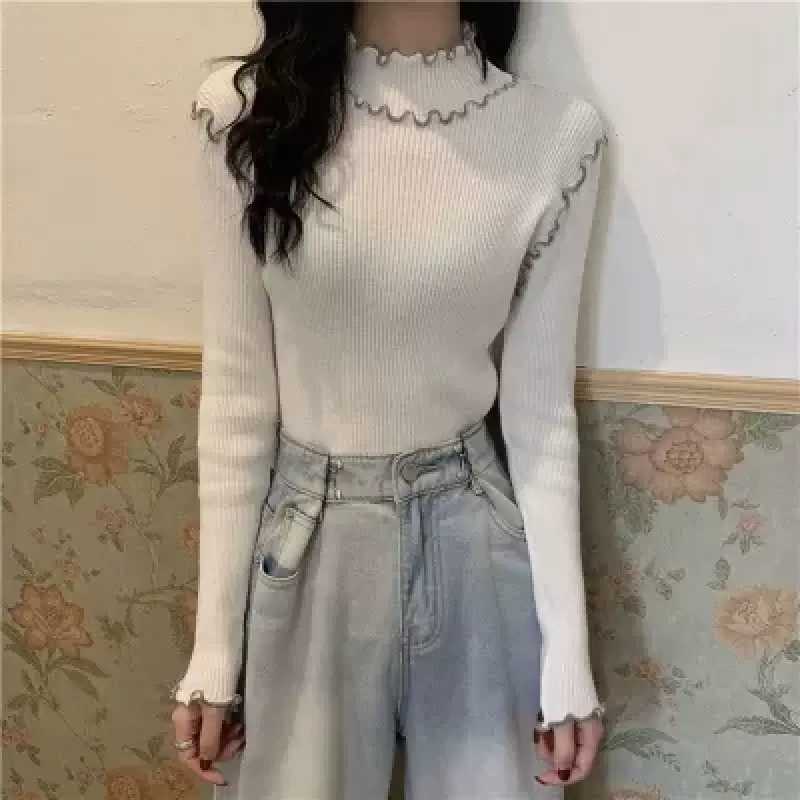 韩版木耳边针织长袖女秋冬季中领打底衫大衣内搭设计感小众上毛衣