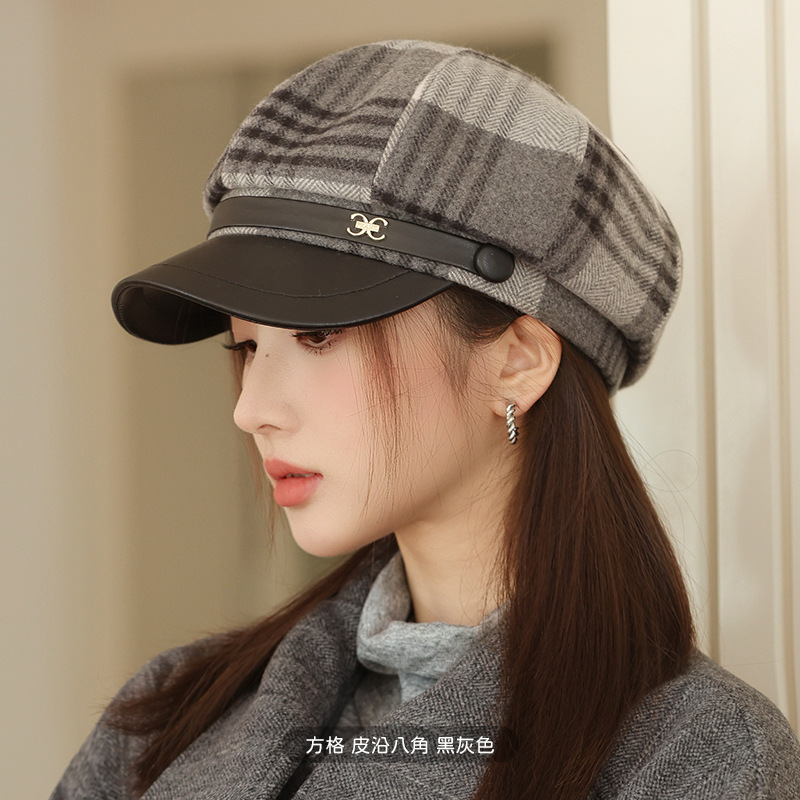 2025新款皮檐拼接韩版格子八角帽女秋冬季时尚休闲百搭鸭贝雷帽子|undefined