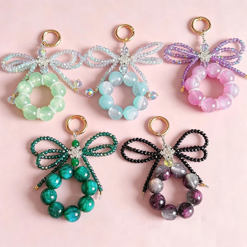 Ins-style bow phone pendant, handmade beaded, Japanese and Korean crystal bag charm, high-end car hanging accessory, phone case hanging chain Ins-style bow phone pendant, handmade beaded, Japanese and Korean crystal bag charm, high-end car hanging accessory, phone case hanging chain