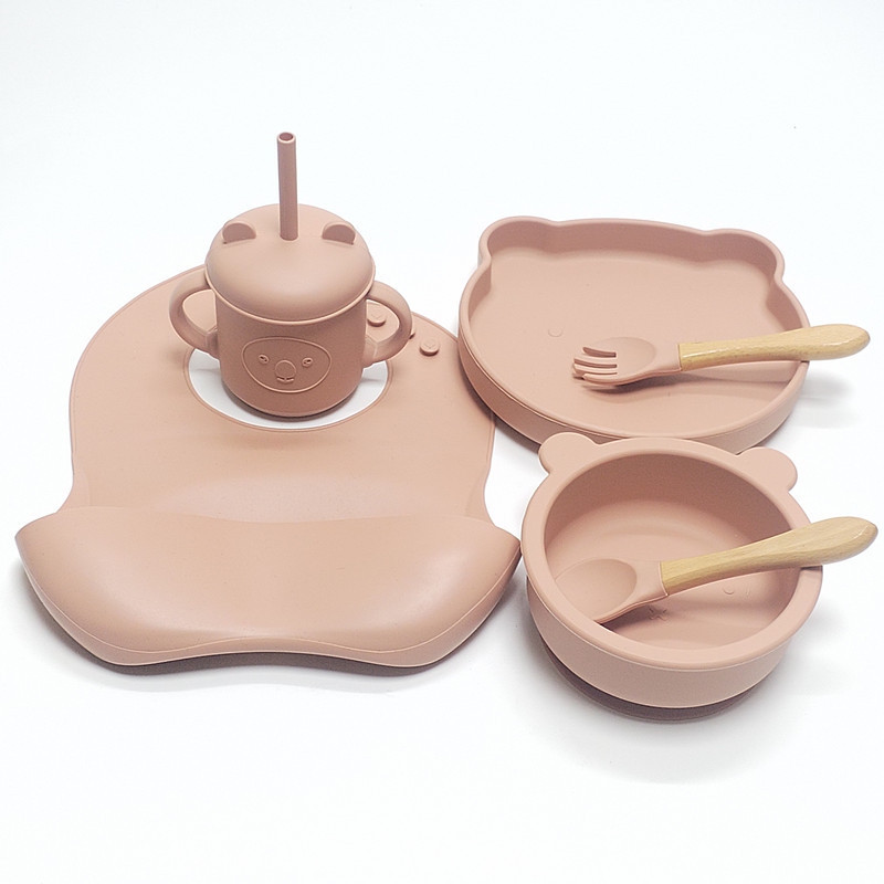 피치 컬러 (곰 1칸 실리콘 접시 + 곰 그릇 + 턱받이 + 컵 + 나무 손잡이 + 스푼 + 포크)