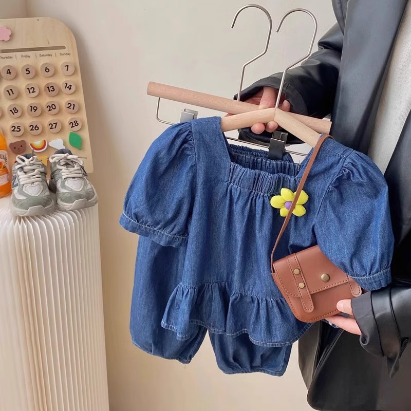 2024 Piger Tyndt Denimsæt Sommertøj Kortærmet Top, Cropped Bukser Børnesportstøj_voghion.com