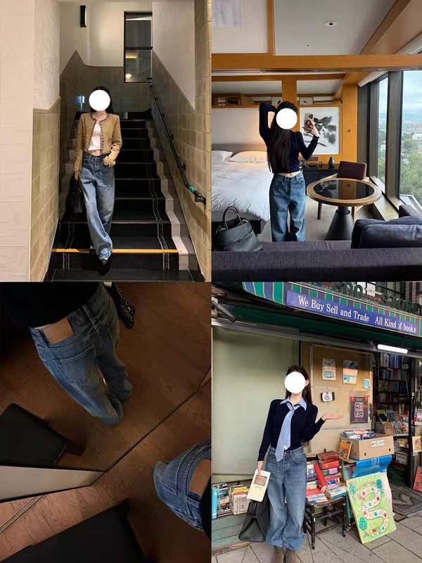 早安樊樊s1p私服V腰牛仔裤 100棉土耳其牛仔料长裤宽松直筒裤|undefined