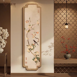 喜上眉梢入户过道玄关装饰画新中式民宿走廊尽头挂画竖版花卉壁画