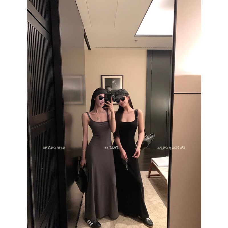 District Ouyang Knitted Suspender Dress for Hot Girls in Spring Slimming Look Long Skirt Sleeveless Waist Long Skirt