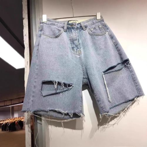 Light Blue Ripped Denim Five-Pocket Women's Summer Korean Version High-Waist Hip-Hop Loose Wide-Legged Plus Size Slimming Versatile Five-Pocket Pants