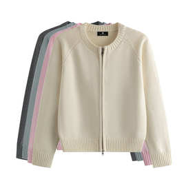 纯棉针织开衫女加厚毛衣全棉拉链线衣棉质小众修身外套短款设计感