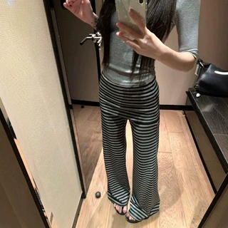 法式温柔风条纹微喇裤女夏季新款薄款高腰显瘦休闲时尚百搭长裤子
