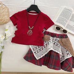 2025夏の女の子のスーツは腰の半袖tシャツのレースの格子のスカートの女性の赤ちゃんの民族の風の2つのセットを漏らします。