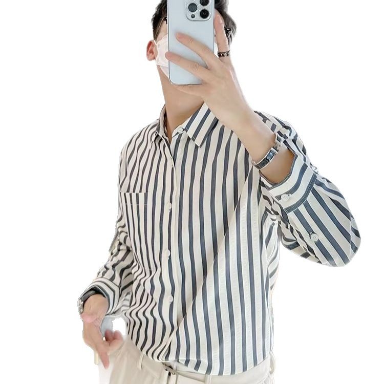 Camisa de primavera y otoño Chaqueta delgada de lujo ligera para adolescentes Camisa casual de negocios de manga larga a rayas verticales para hombres