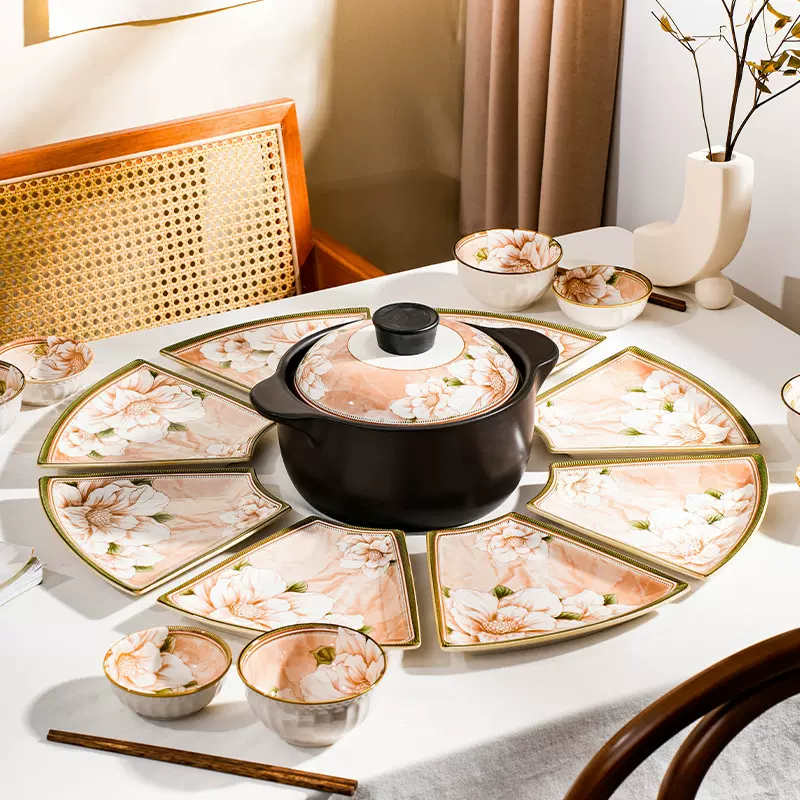 北欧山茶花拼盘组合陶瓷餐具团圆年夜饭聚餐盘过年送礼餐具套装