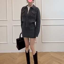 韩系穿搭感气质针织开衫套装裙女秋冬新款包臀短裙两件套
