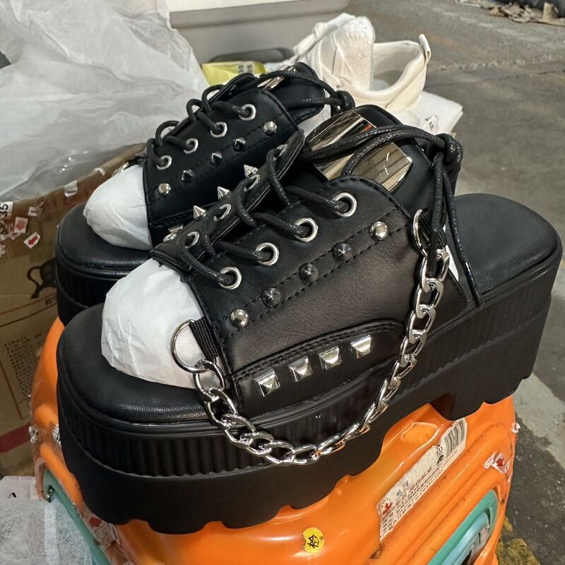 Punk Platform Hot Girl 2025 American Plus-Size Gothic Hot Girl Black Chain Square-Toe Thick-Soled Shoes Sandals Slippers